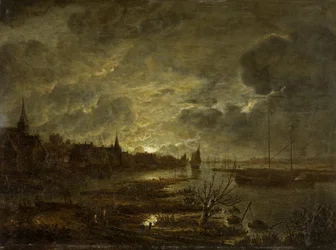 Ein Dorf an einem Fluss im Mondlicht, ca. 1645-1700